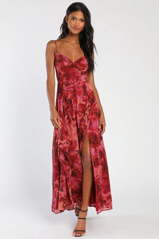 Beautiful Soul Burgundy Floral Print Twist-Front Maxi Dress | Lulus
