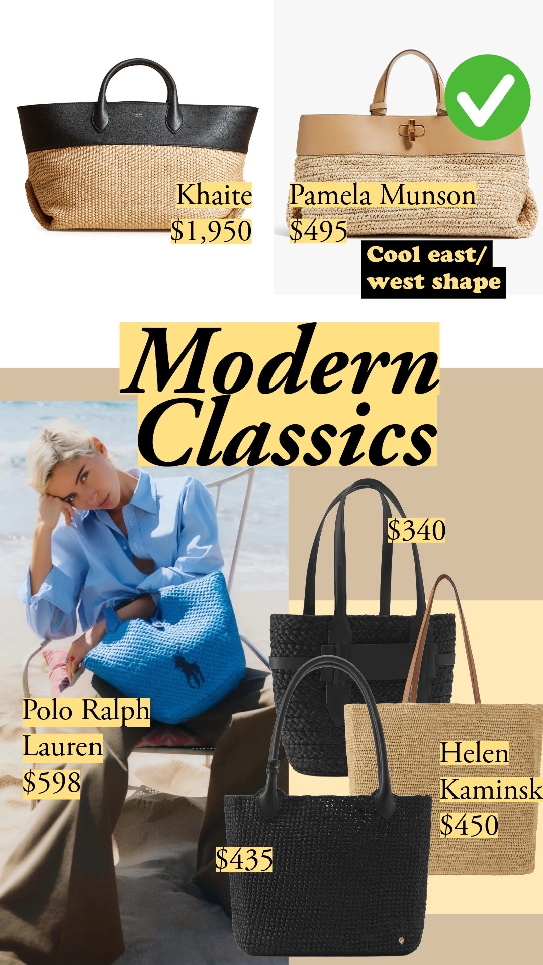 My modern classic raffia bag picks - Pamela Munson's east/west shape is a standout at $495 (gives you that Khaite silhouette), and Helen Kaminski delivers luxury-level craftsmanship at $450. The blue Polo Ralph Lauren is a fun pop if you want color - not to mention old money aesthetic meets Hermès Picotin vibes.

#LTKootd