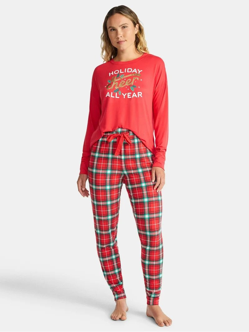 Jaclyn Women's and Women's Plus Holiday Graphic Sleep Tee and Jogger Pants Pajama Set, 2-Piece, S... | Walmart (US)