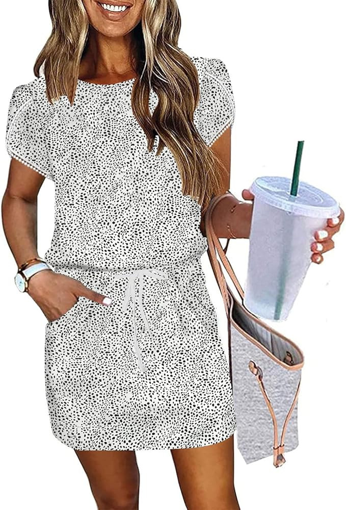 ETCYY NEW Womens Summer Dresses Tie Front Chic Mini Dress Petal Short Sleeve with Pockets | Amazon (US)