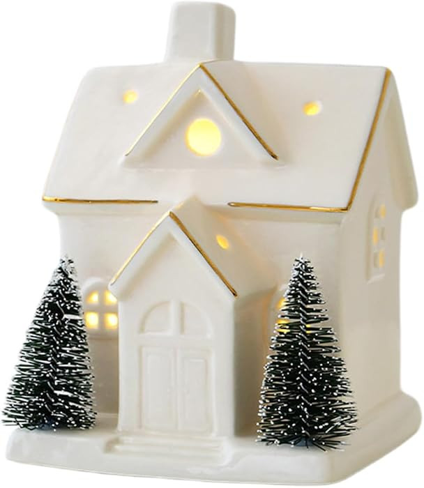 2025 Ceramic Christmas Village Houses, 1Pc Small White House with 2Pcs Xmas Trees, Light Up Figur... | Amazon (US)