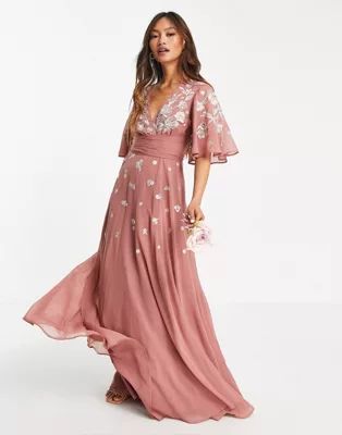 ASOS DESIGN Bridesmaid flutter sleeve wrap waist maxi dress with tonal floral embroidery | ASOS (Global)