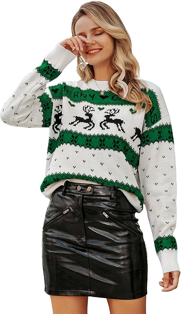 Amegoya Women's Funny Ugly Christmas Knitted Sweaters Crewneck Cute Reindeer Sweater Pullover for... | Amazon (US)