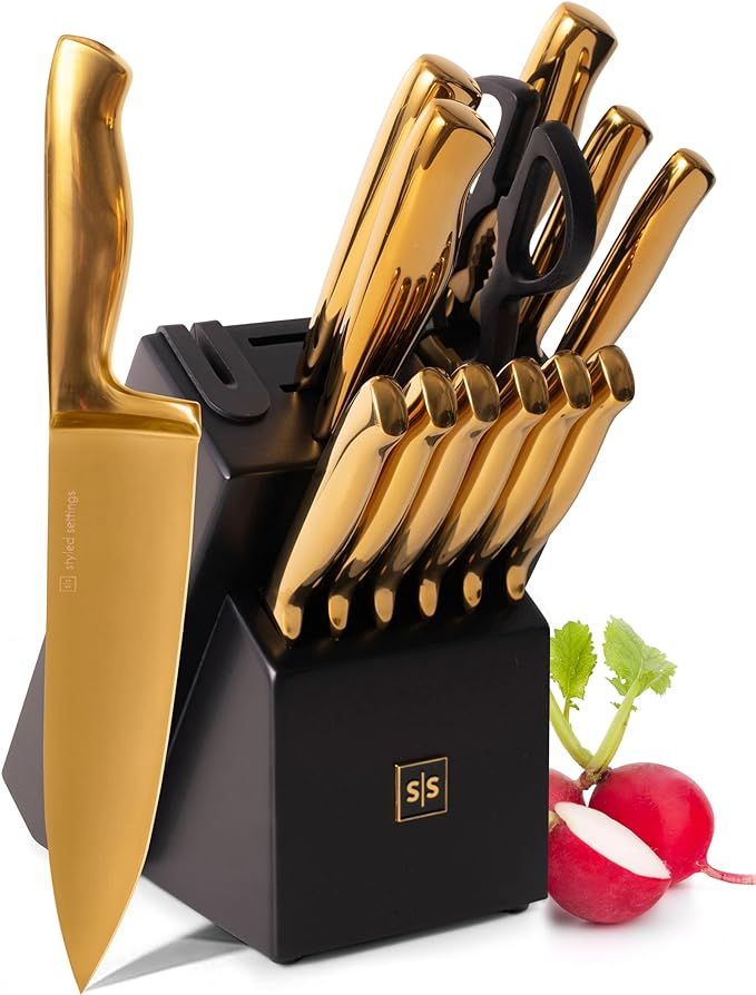 Black and Gold Knife Set with Block - 14 Piece Gold Knife Set with Sharpener Includes Full Tang G... | Amazon (US)