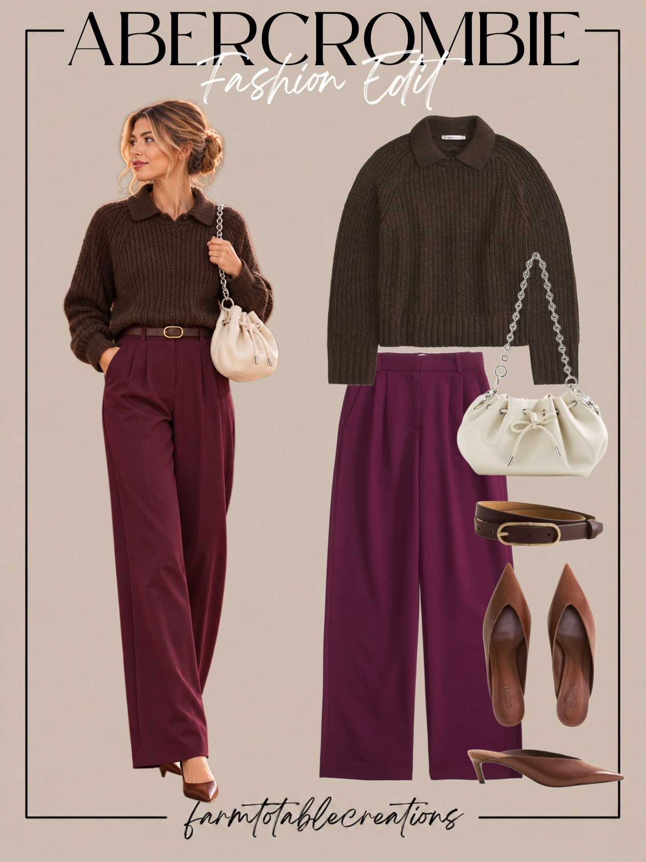 Abercrombie Fall Fashion Edit 🤎🍷

Rich fall colors and effortless sophistication! These Abercrombie fashion finds are the perfect combination of cozy and polished. I’m loving the chocolate brown collared sweater paired with gorgeous burgundy wide-leg trousers for a timeless autumn look. The cream bucket bag, classic brown belt, and pointed-toe heels add just the right amount of elegance!

This outfit is perfect for the office, dinner dates, brunch with the girls, or any occasion when you want to look put-together without sacrificing comfort. Burgundy and chocolate brown are such a beautiful color combination for fall, making these pieces easy to mix and match throughout the season!

Follow @farmtotablecreations on Instagram for more cozy home finds and trending decor.

#LTKStyle #LTKFashion #Abercrombie #AbercrombieStyle #FallFashion #FallOutfitIdeas #BurgundyOutfit #ChocolateBrown #WorkwearStyle #BusinessCasual #FallWardrobe #ChicOutfits #ElevatedBasics #NeutralStyle #FashionFinds #LTKFinds