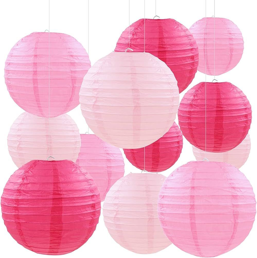 PheiLa 12 Pcs Pink Party Paper Lanterns Romantic Decorations Rose Red and Pink Round Chinese Pape... | Amazon (US)