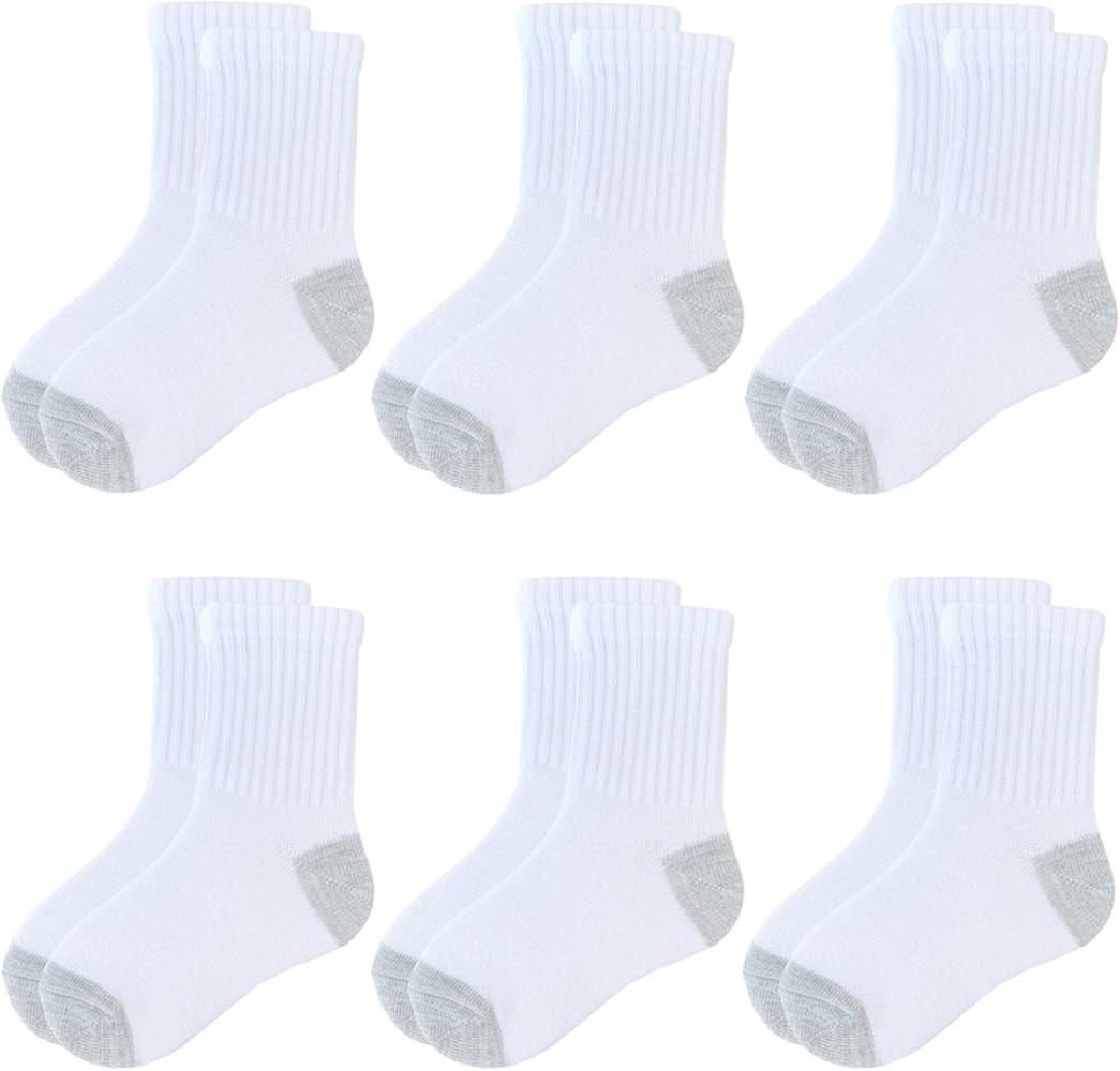 JAMEGIO Boys Crew Socks 6 Pairs White Cotton Athletic Socks for Toddlers Boys Girls | Amazon (US)