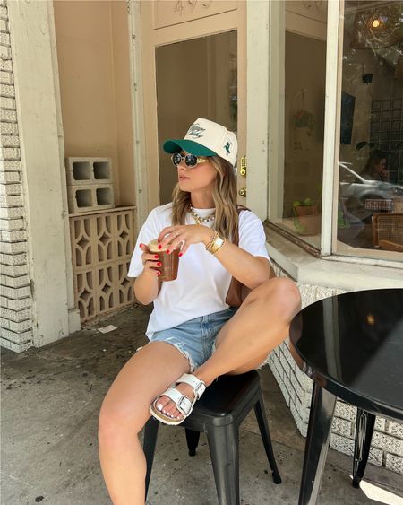 5/23/24 Casual Monday outfit 🫶🏼 Casual summer outfit, casual summer outfit ideas, casual outfit inspo, denim shorts, jean shorts, basic white tee, white tee, basic white tshirt, Birkenstock sandals, Birkenstock big buckle sandals 