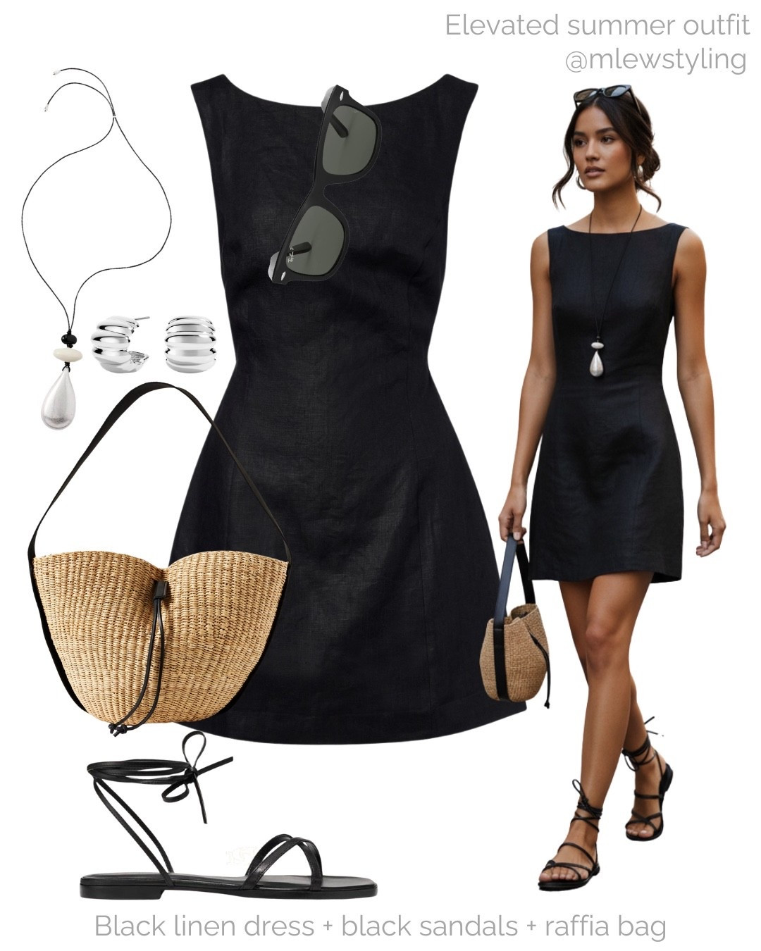 Elevated summer outfit with a black linen dress 〰️￼

Tags: mini dress, muun raffia bag, Margaux wrap sandals, pendant necklace, rayban wayfarer sunglasses, silver hoop earrings, vacation outfit

#LTKsummer #LTKbag #LTKtravel