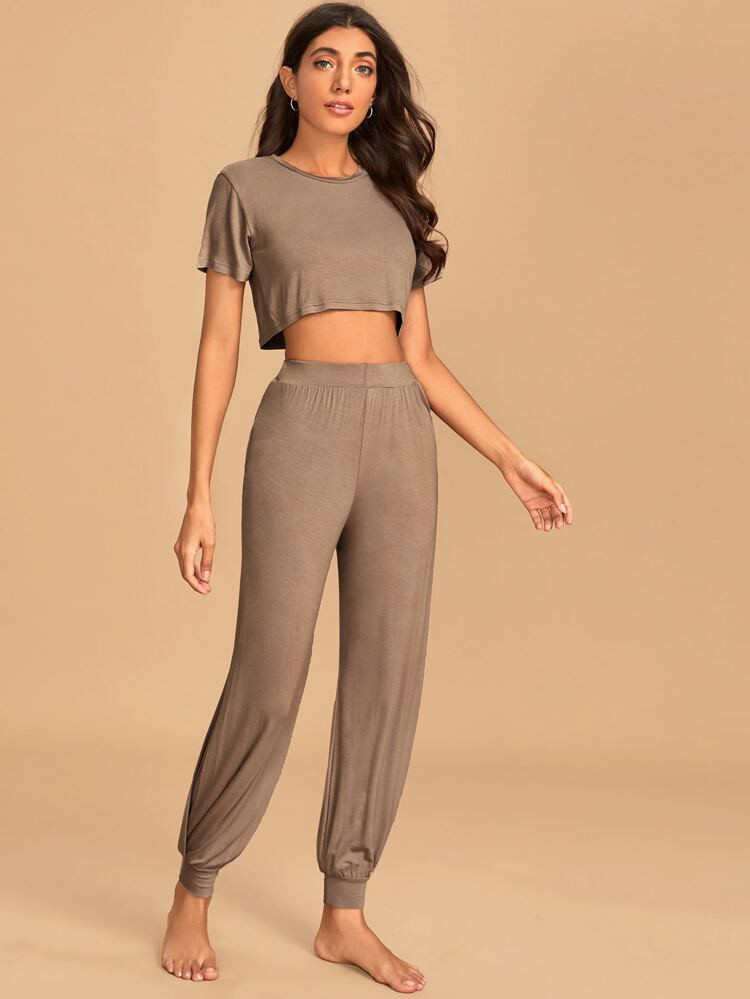 Solid Crop Tee & Pants Modal PJ Set | SHEIN