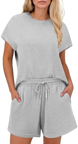 PINSPARK 2 Piece Sets for Women Summer Crewneck Matching Shorts Lounge Set with Pockets Casual Tr... | Amazon (US)