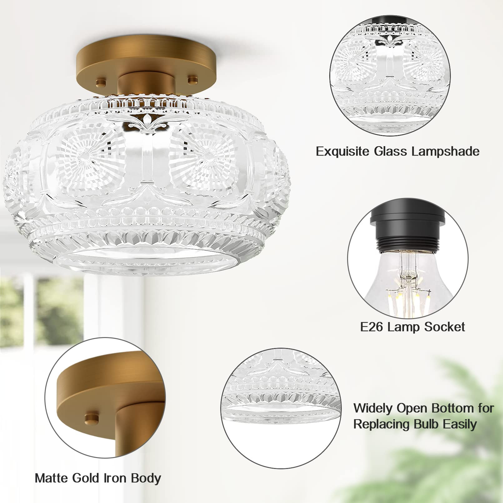 Semi Flush Mount Ceiling Light, Globe Glass Ceiling Light Fixture, Gold Modern Lighting for Hallw... | Amazon (US)