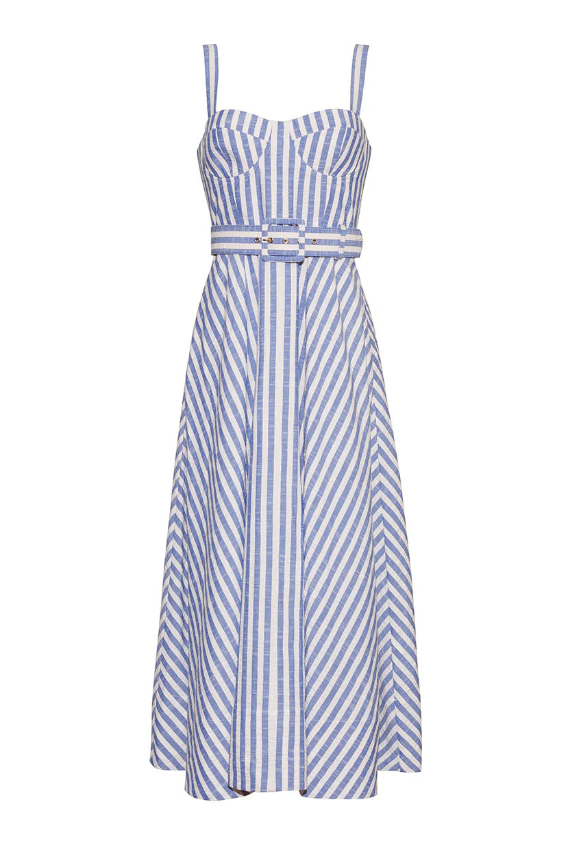 Calypso Dress in Ivory Blue Striped Seersucker | Over The Moon