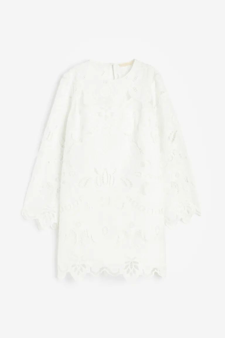 Broderie anglaise dress - Round neck - Long sleeve - White - Ladies | H&M GB | H&M (UK, MY, IN, SG, PH, TW, HK)