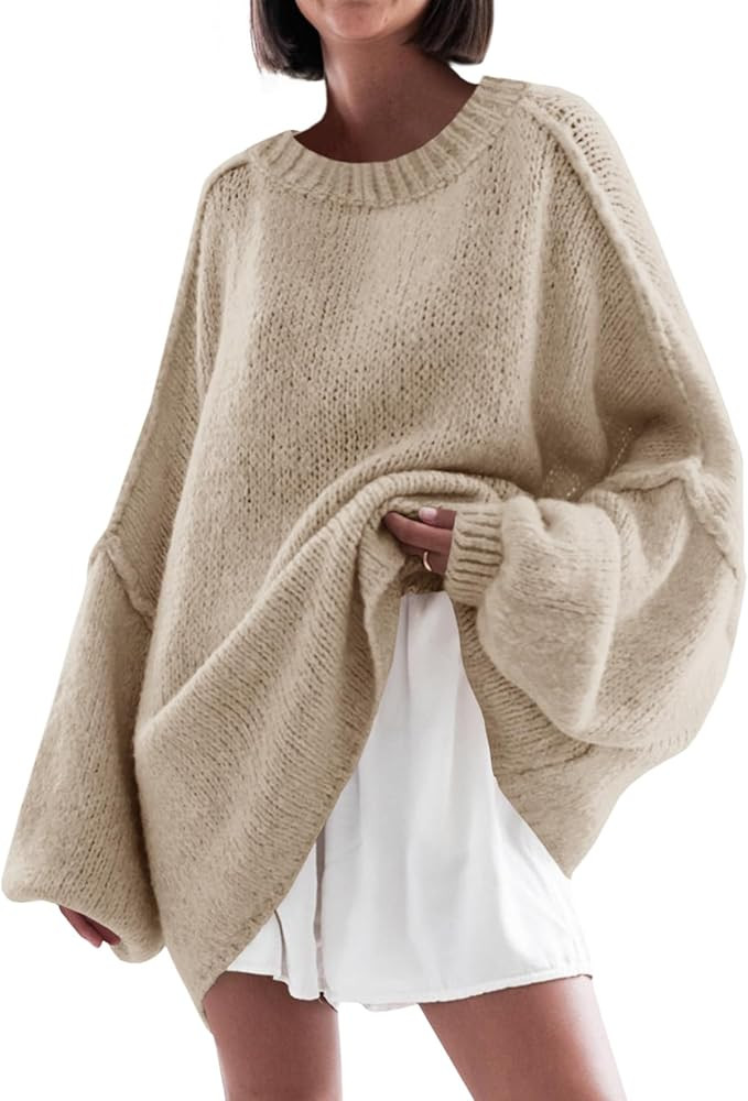 Saodimallsu Womens Oversized Sweater Chunky Crew Neck Long Lantern Sleeve Knit Fall Trendy Tunic ... | Amazon (US)