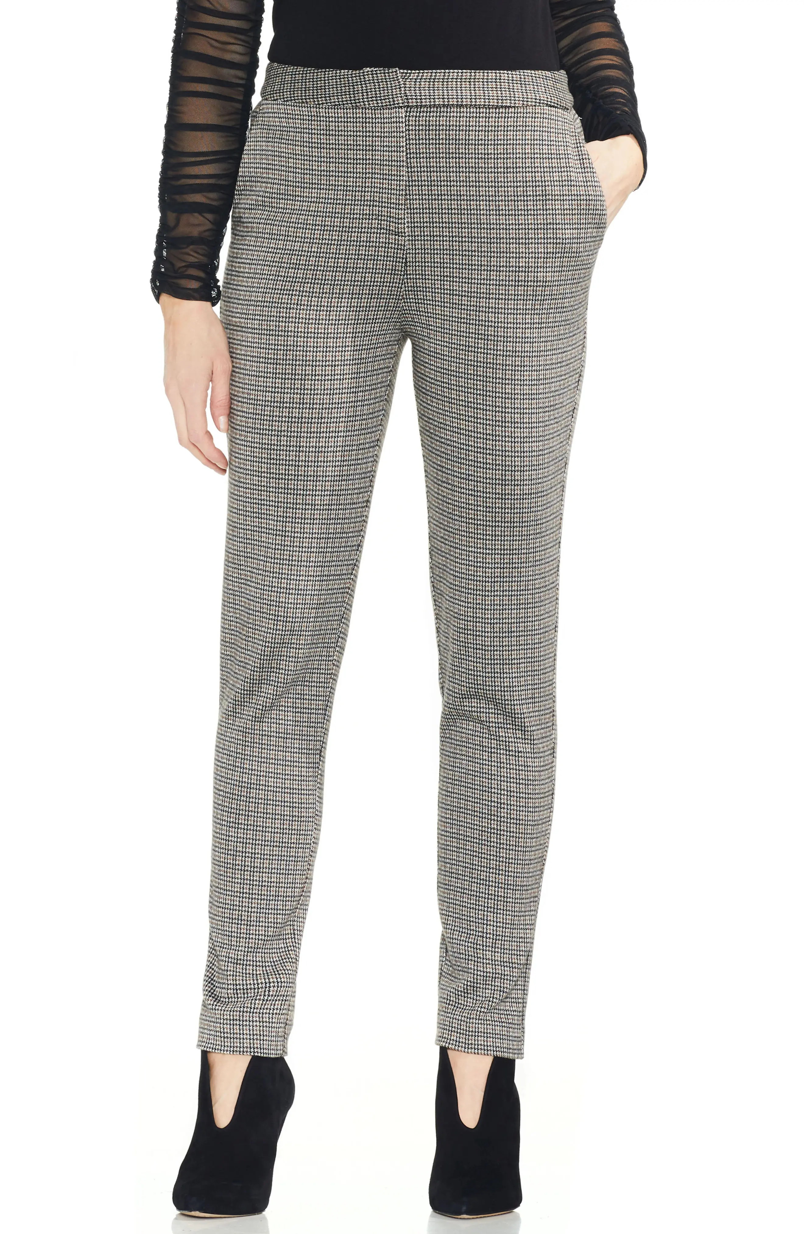 Petite Women's Vince Camuto Houndstooth Stretch Cotton Blend Slim Pants, Size 0P - Black | Nordstrom