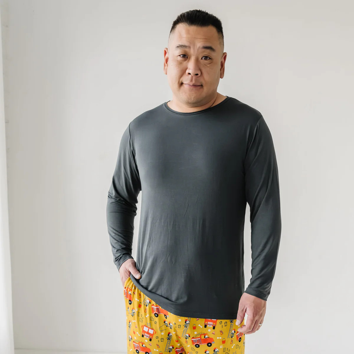 Fire Truck Pups (Charcoal) Men's Bamboo Viscose Pajama Top | Little Sleepies