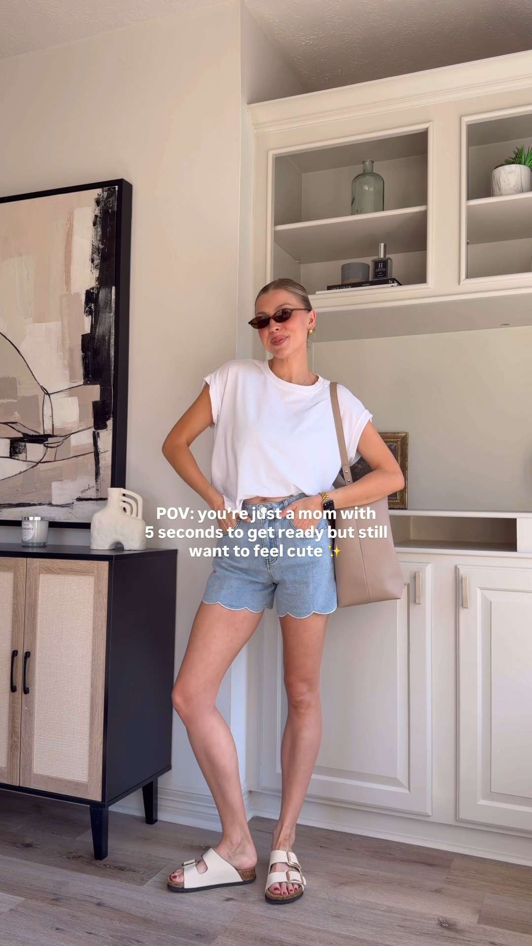 Casual mom outfit | Wearing 2 in denim shorts + M boxy tee 
 

 