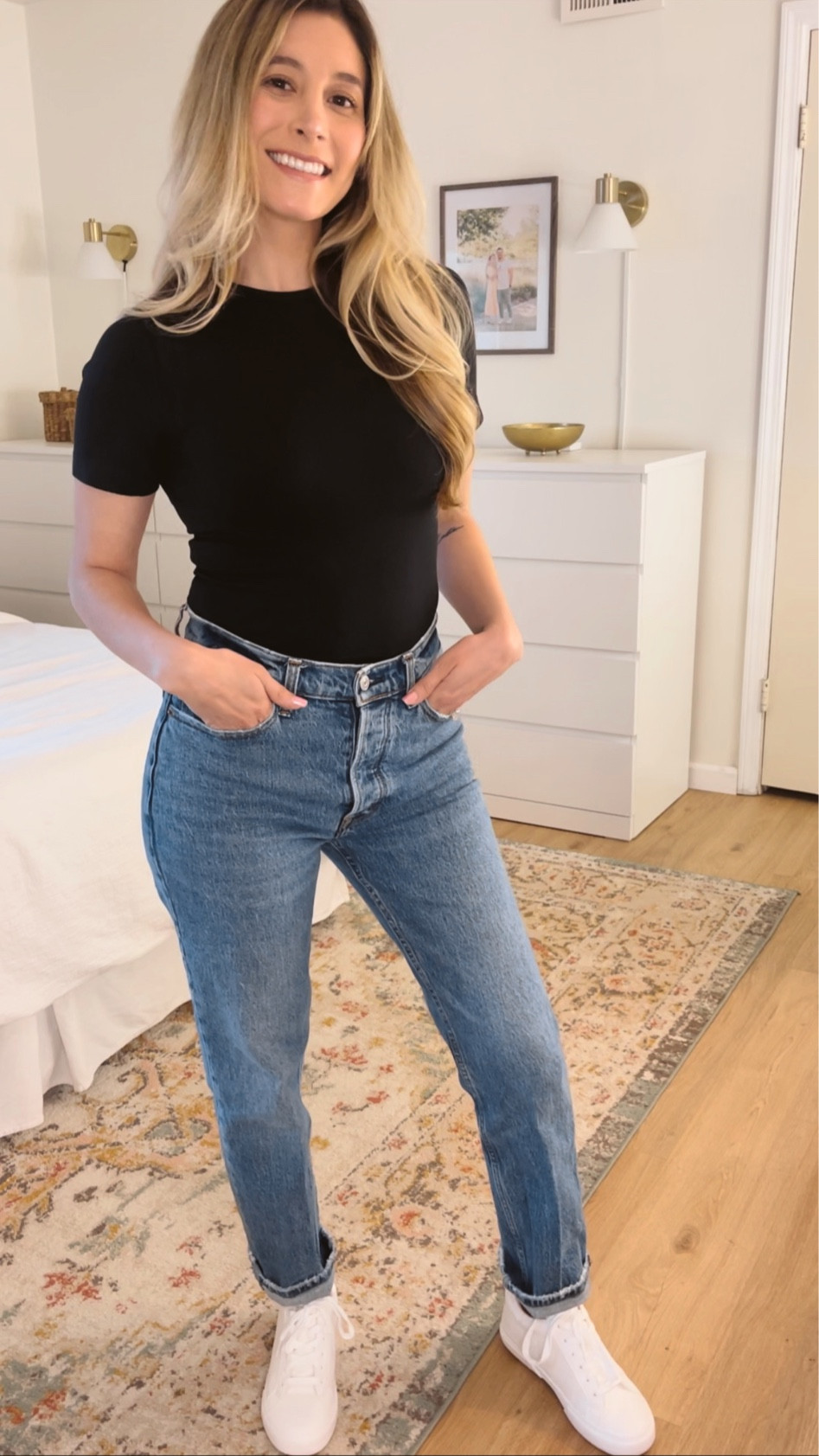 Seamless black tee paired with Abercrombie high rise 90's straight jeans in dark marble. Top is a skims dupe and is under $20! The perfect basic to add to your wardrobe! Available in various colors. Target dupes. Abercrombie jeans for moms. 

#LTKstyletip #LTKfindsunder100 #LTKsalealert