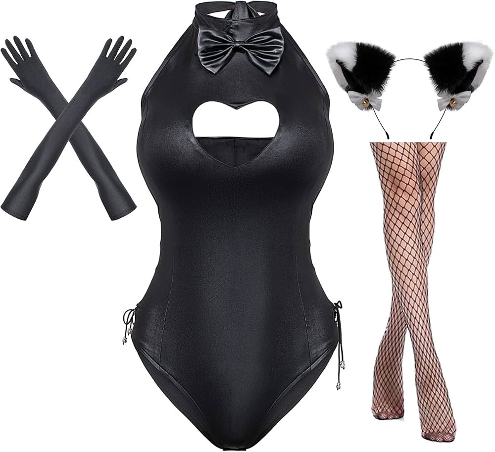 Womens Bunny Girl Suit Button Crotch Romper Onesie Bodysuit Cosplay Costume Furry Cat Ear Gloves ... | Amazon (US)