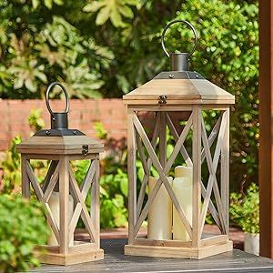 Glitzhome Set of 2 Mondern Farmhouse Wood Metal Decorative Lanterns Hanging Candle Lanterns,Natur... | Amazon (US)