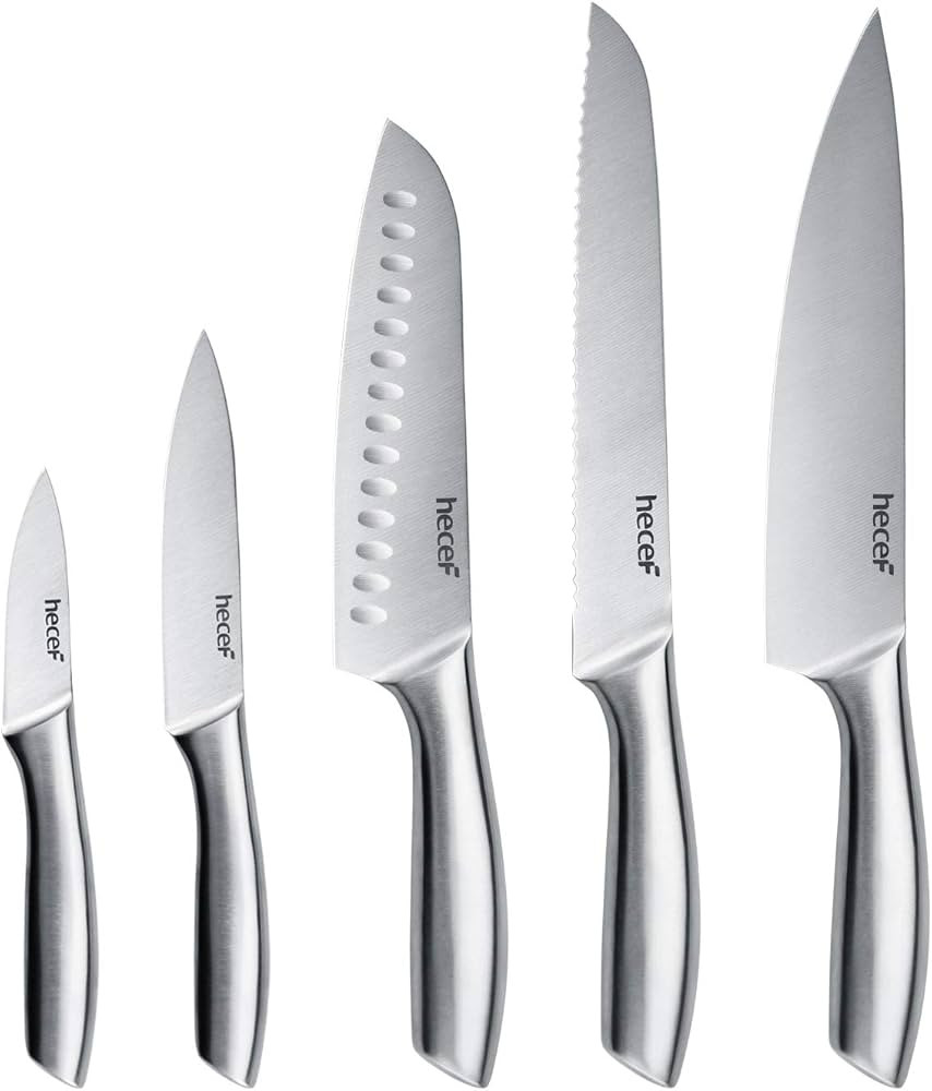 hecef Silver Kitchen knife set of 5, Satin Finish Blade with Hollow Handle, includes 8" Chef, 8" ... | Amazon (US)