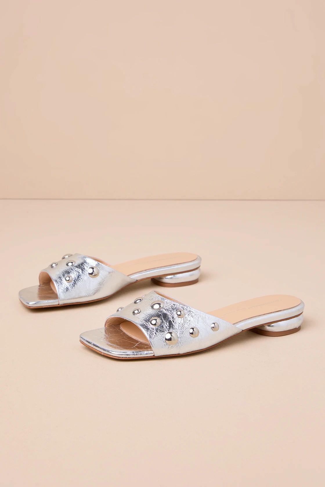 Sadie Mercury Silver Leather Studded Slide Sandals | Lulus