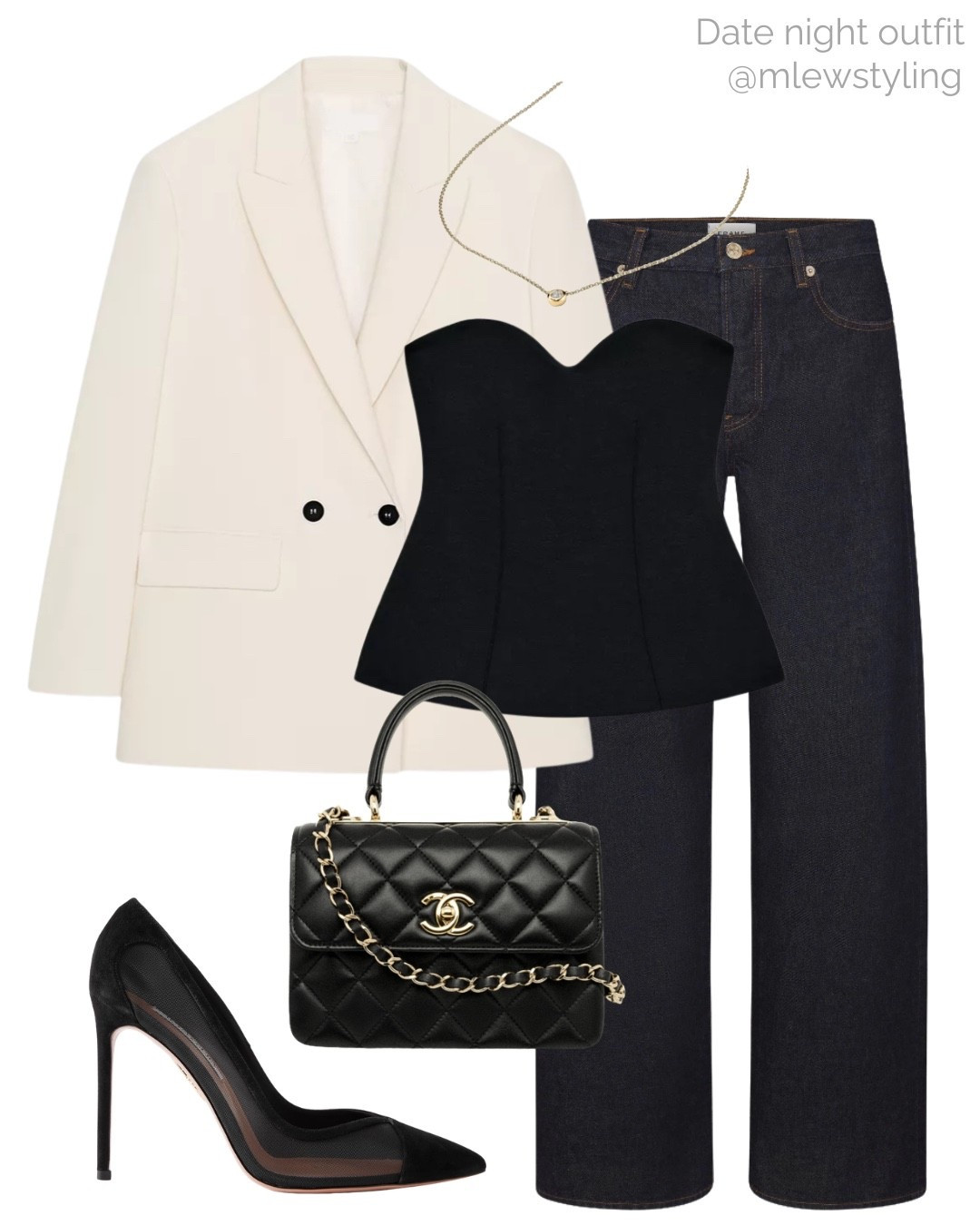 Spring date night outfit 🌸

Tags: night out look, frame denim, dark wash jeans, Chanel bag, high heel Aquazurra pumps, cream blazer, strapless top, neutral aesthetic, capsule wardrobe, gold necklace, drinks with friends, diamond necklace 

#LTKootd #LTKSeasonal #LTKgrwm