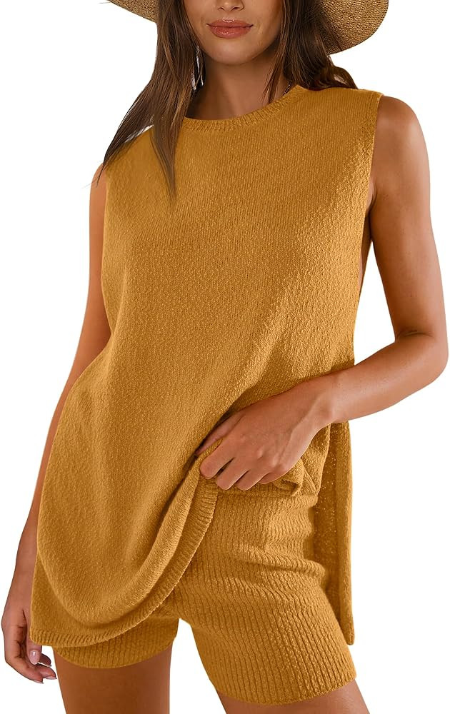 ANRABESS Women Summer 2 Piece Outfits Sleeveless Knit Sweater Top & Shorts Soft Lounge Sets Trave... | Amazon (US)