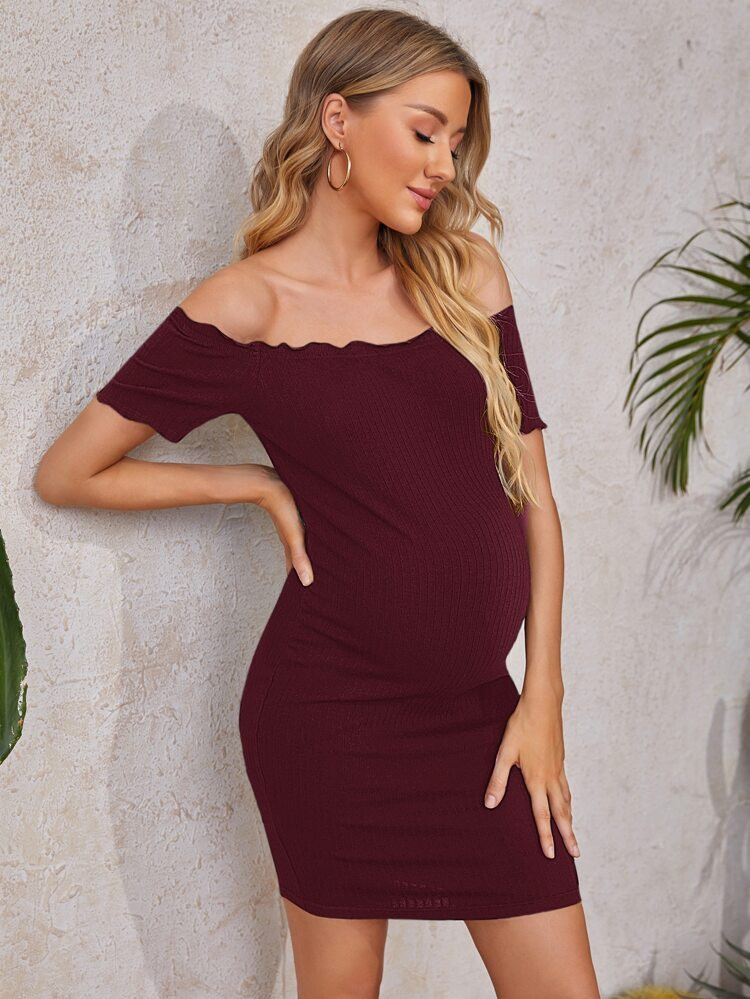 SHEIN Maternity Lettuce Trim Off Shoulder Dress | SHEIN