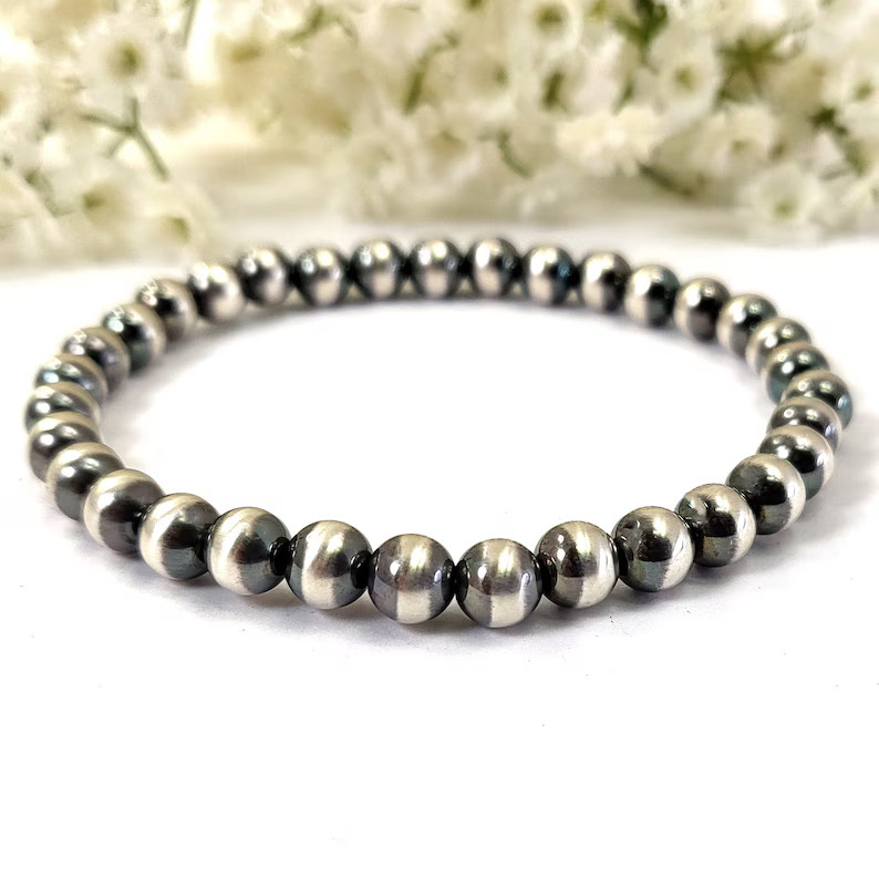 Navajo Pearl Beaded Bracelet Premium Custom Jewelry .925 Sterling Silver 6mm Round Beads Stretch ... | Etsy (US)