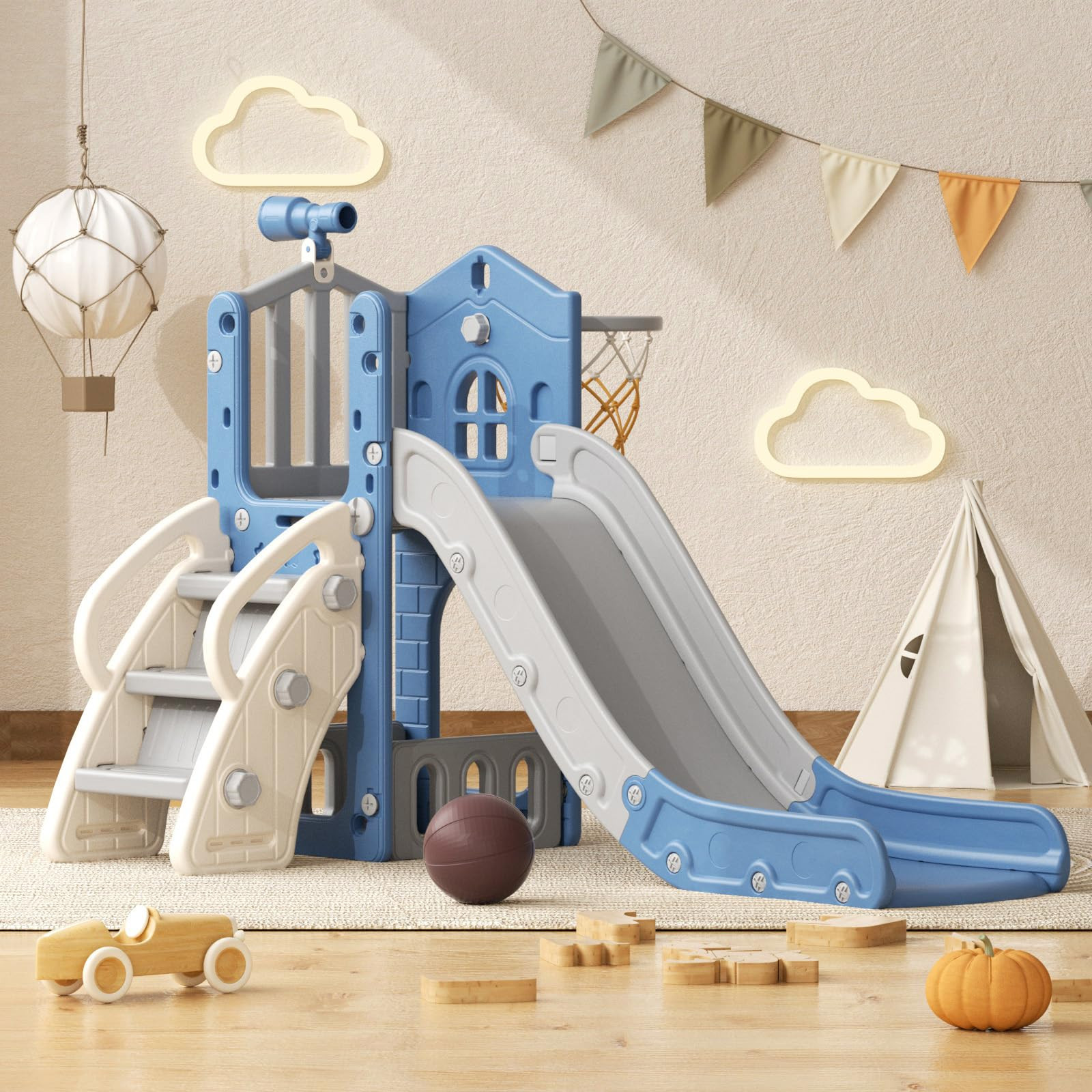 YUFU 5 in 1 Toddler Slide, Kids Slide with Climber, Basketball Hoop and Ball, Outdoor Indoor Play... | Amazon (US)