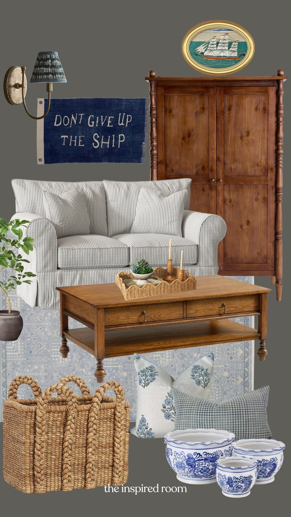 Cozy coastal cottage living room - Slipcovered sofa, wood armoire and coffee table, don’t give up the ship banner art, ship art, basket, pillows, blue and white pots, pleated shade wall sconce, blue patterned rug, faux plant, woven scalloped tray 

#LTKSeasonal #LTKSaleAlert #LTKHome