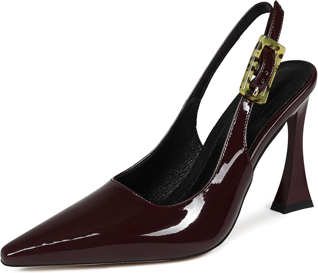 Women Slingback Pointed Toe Stiletto Pumps Slip-on Buckle Strap Patent High Heels Office Lady Cas... | Amazon (US)