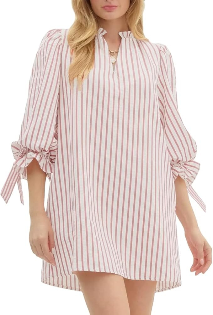 Striped Dress for Women V Neck 3/4 Bow Puff Sleeve Summer A Line Flowy Shirt Dress with Pockets | Amazon (US)