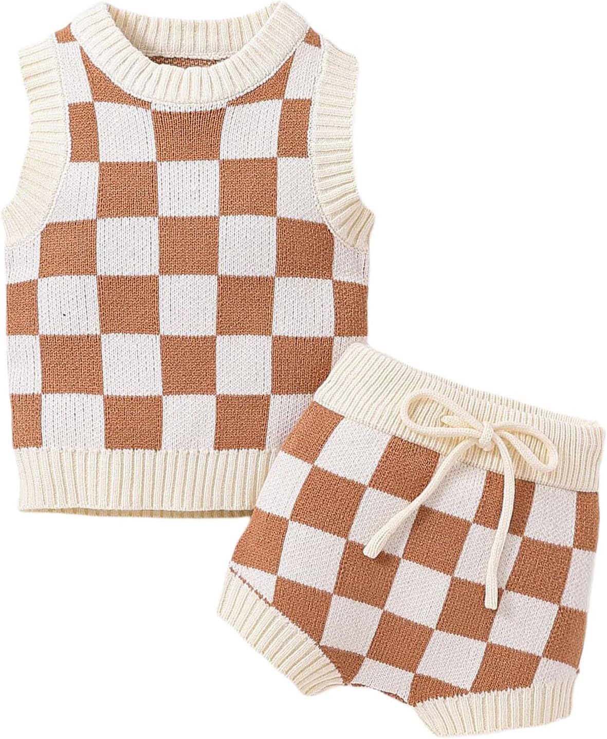 Toddler Baby Girls Knit Summer Outfits Checkerboard Plaids Sweater Vest +Drawstring Bloomer Short... | Amazon (US)