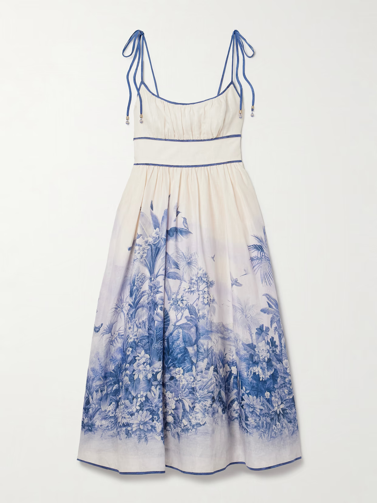 Zimmermann - Wylie Shirred Printed Linen Midi Dress - Blue | NET-A-PORTER (US)