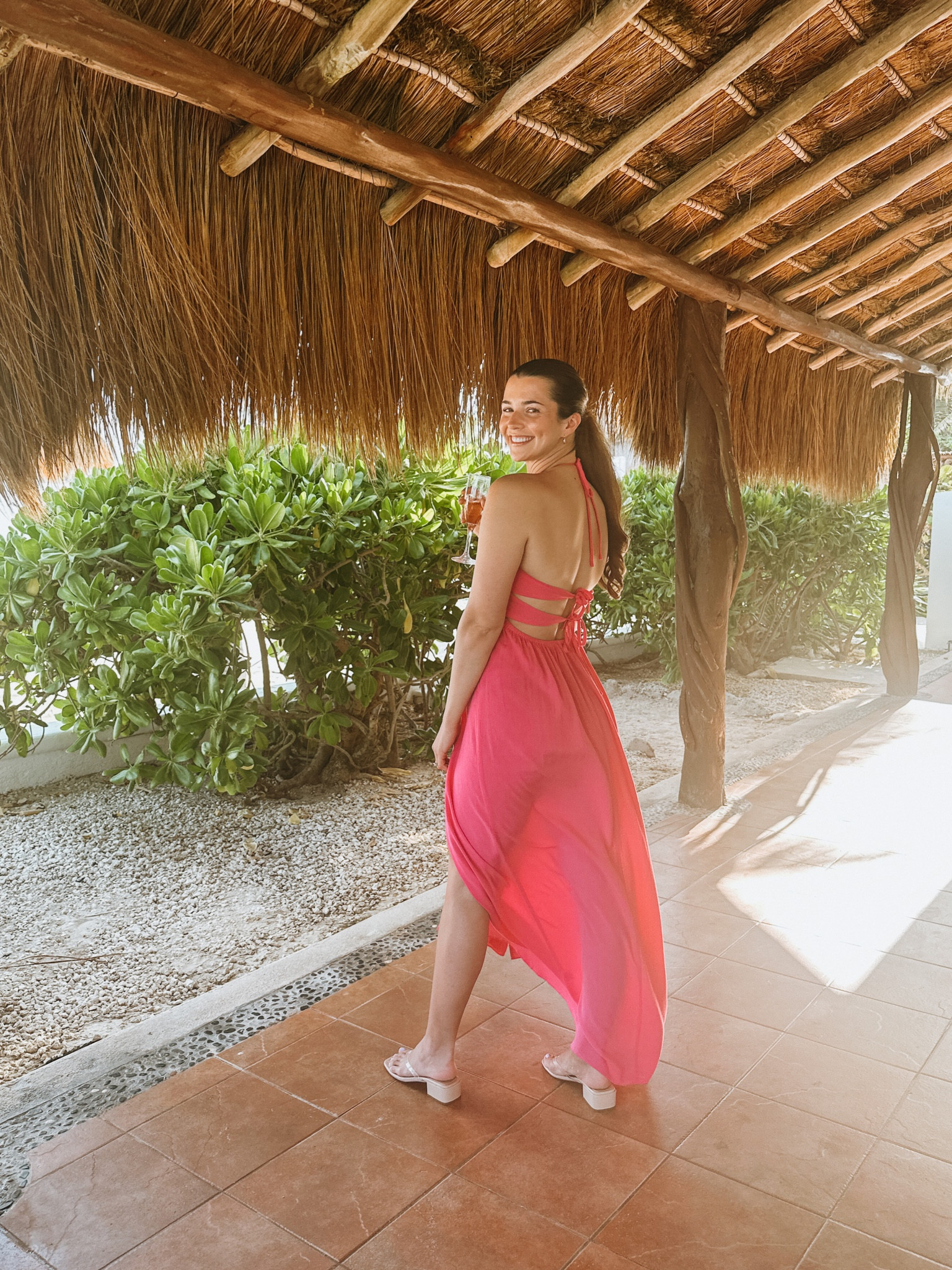 maxi dress terracotta Red Tiered Sleeveless Crepe Maxi Dress in Red