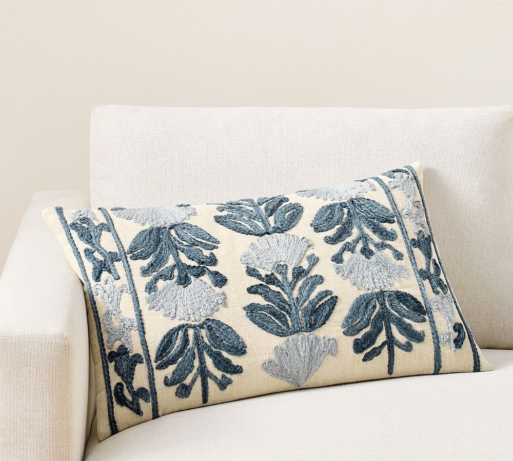 Francesca Embroidered Lumbar Pillow Cover, Ivory/Blue, 16" x 26 | Pottery Barn (US)