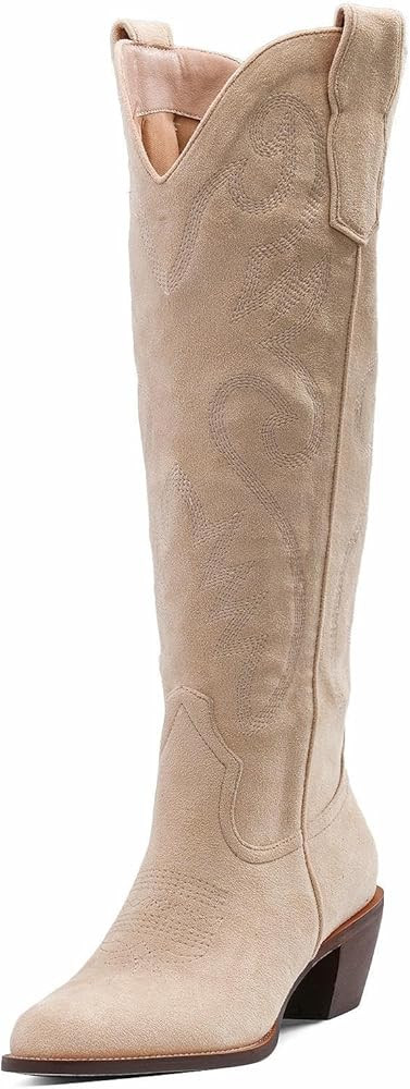 DREAMCIA Women's Embroidered Western Cowboy Cowgirl Boots Chunky Heel Pull On Round Toe Mid Wide Calf Wedding Boots | Amazon (US)