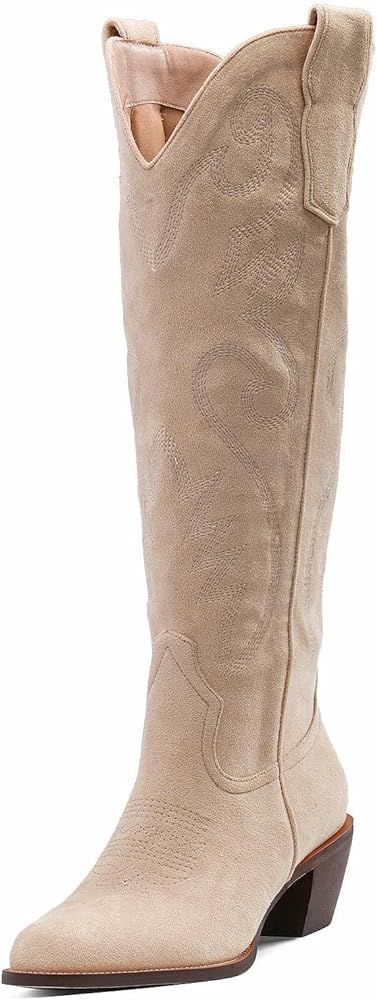 DREAMCIA Women's Embroidered Western Cowboy Cowgirl Boots Chunky Heel Pull On Round Toe Mid Wide Calf Wedding Boots | Amazon (US)