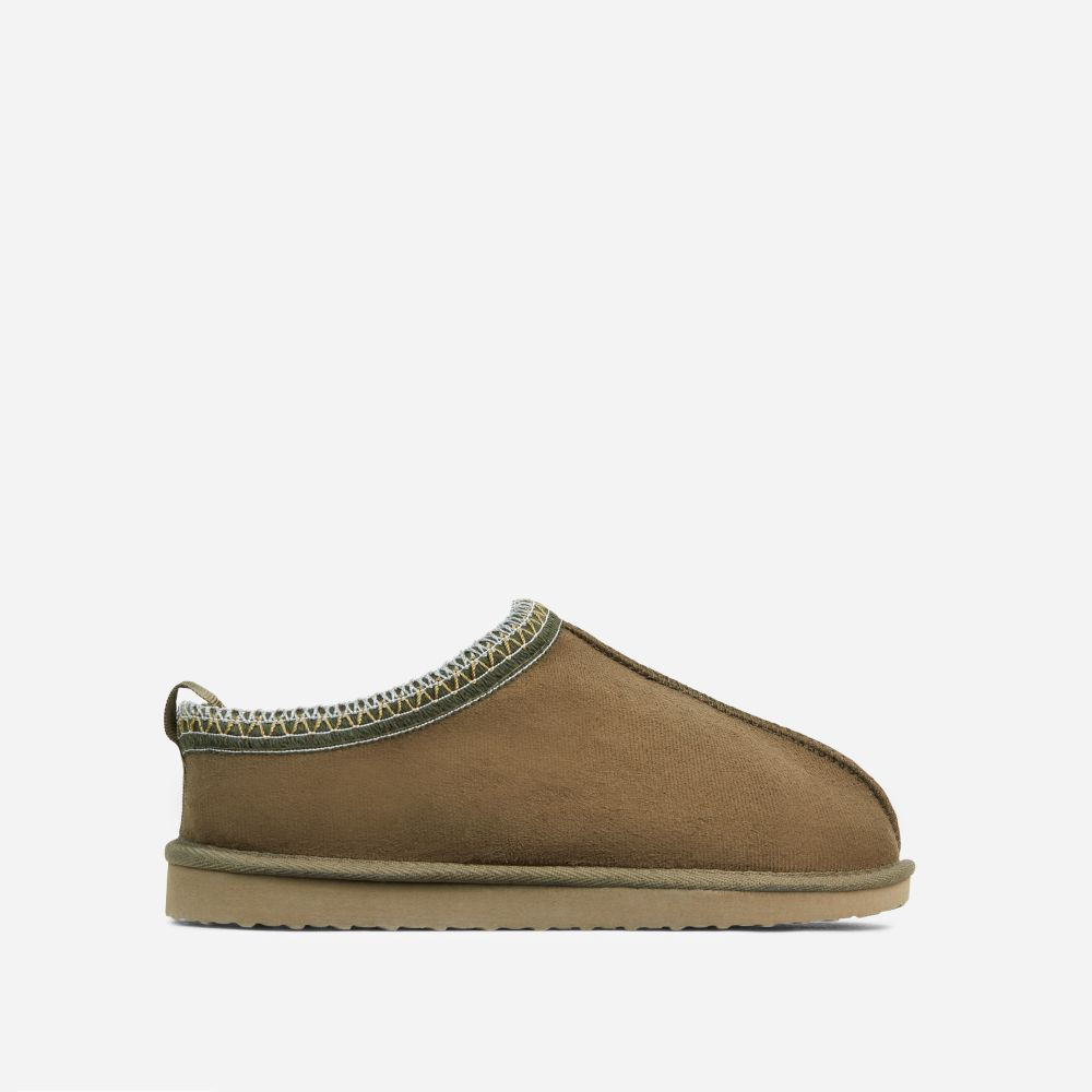 Catch-Up Aztec Detail Faux Fur Lining Flat Slipper In Green Faux Suede | EGO (UK)