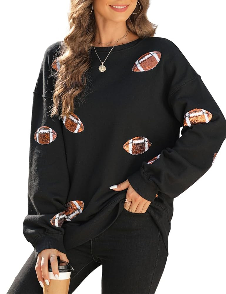 Ecosunny Women's Casual Holiday Game Day Sweatshirt Sequin Print Round Neck Long Sleeve Loose Pul... | Amazon (US)