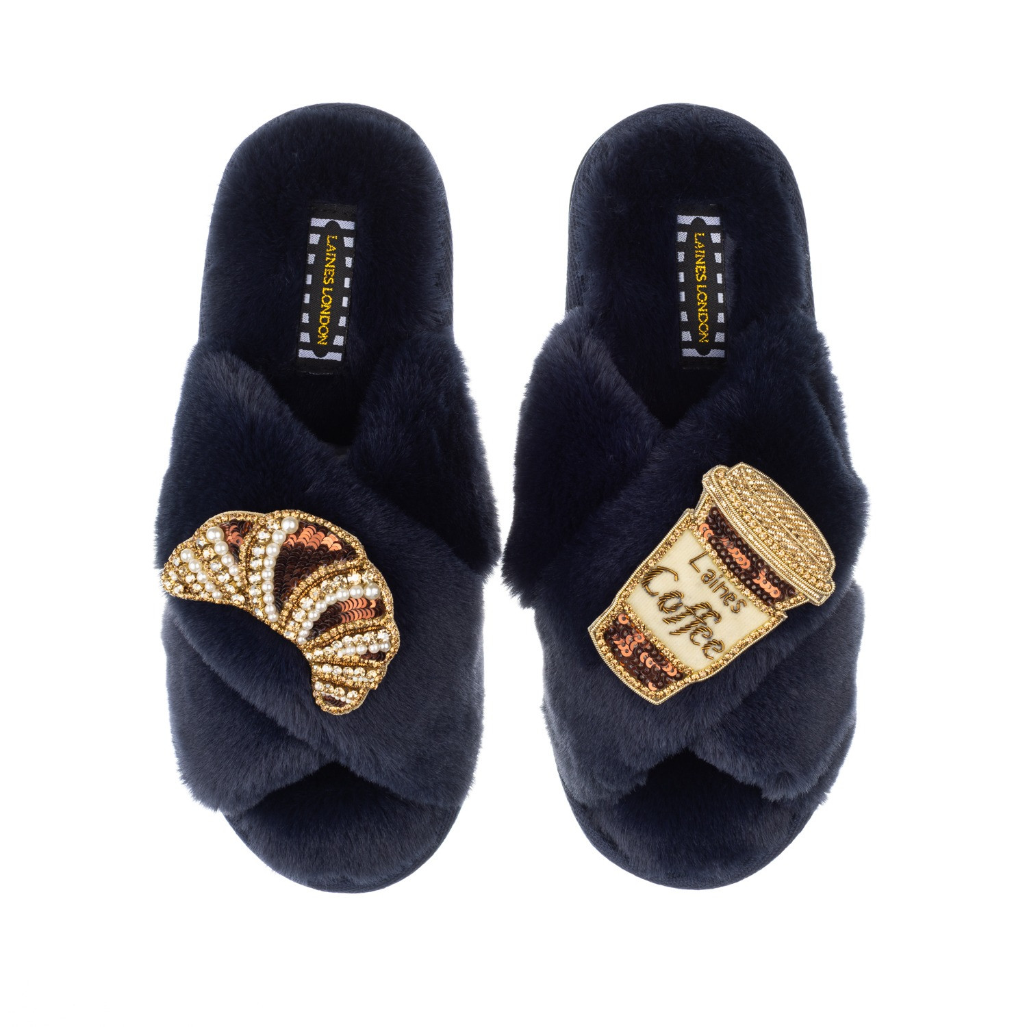 Classic Laines Slippers With Coffee & Croissant Brooches - Navy | Wolf & Badger (US)