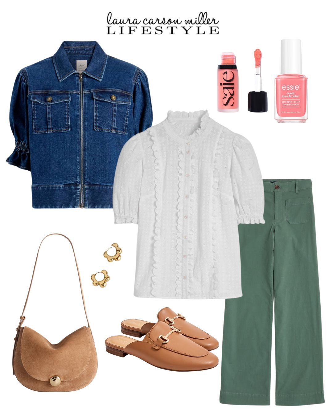 Spring style is all about the feminine details - this gorgeous blouse checks all the boxes!✨! Peachy pink makeup is another compelling element to this charming story. Beauty tip: liquid blush looks so natural and beautiful. Place a few tiny dots of product on your cheeks and blend with your fingers or a brush. 
Laura Carson Miller, slides, crossbody bag, feminine details, spring style, vacation outfit, work outfit, patch pocket pants, peachy pink makeup, denim jacket, huggie earrings, liquid blush 

#LTKFindsUnder100 #LTKMidsize #LTKOver40