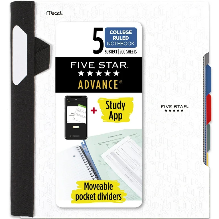Five Star Advance 5 Subject College Ruled Notebook Plus Study App, 8.5" x 11", White, Poly, Spira... | Walmart (US)