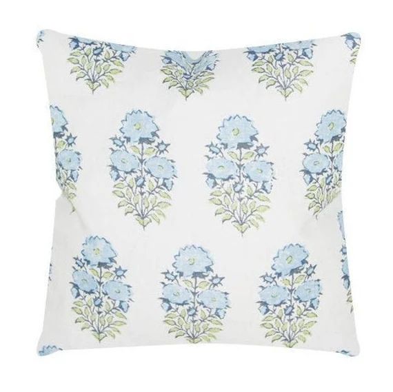 Lisa Fine Mughal Flower Pillow Cover in Monsoon // Designer Flower Pillow // Blue Throw Pillows /... | Etsy (US)