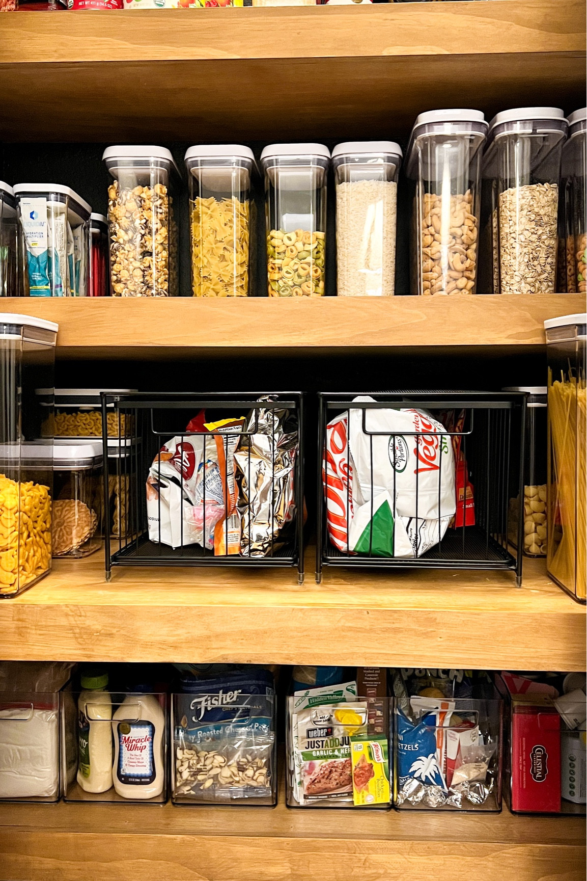 Airtight food storage containers with pop lids, stackable drawer baskets, expandable shelf risers, and clear acrylic bins all help keep our pantry organized!

#LTKunder50 #LTKFind #LTKhome