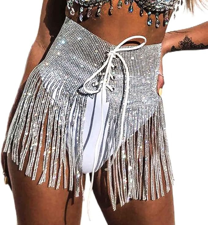 Zeelina Rhinestone Tassel Skirt Silver Belly Dance Hip Scarf Crystal Waist Chain Body Accessory C... | Amazon (US)