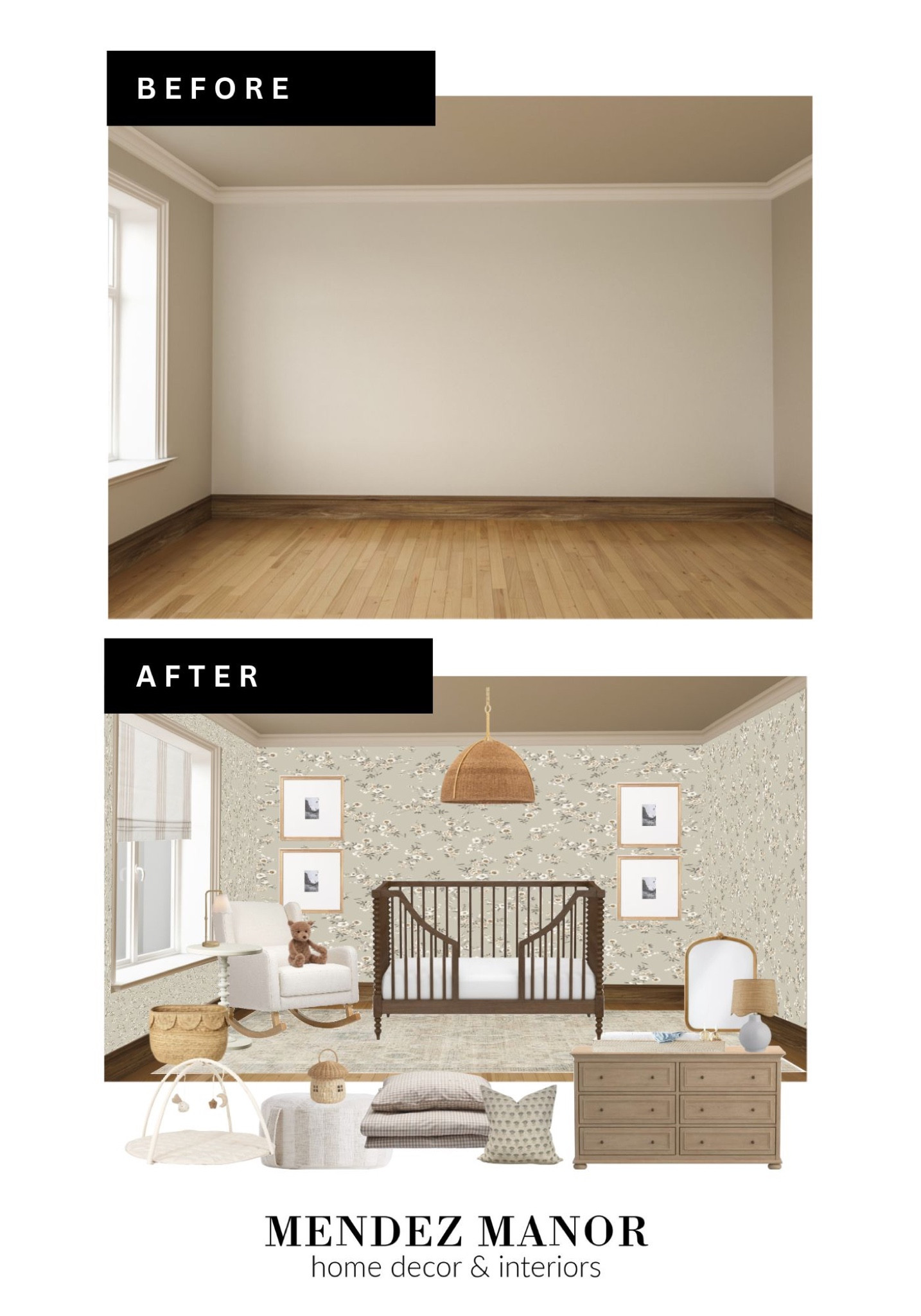 Before & after our latest online design project. Love this nursery for a baby girl coming this December! 

With my online interior design services, I design, you implement, and together we create a cohesive design plan tailored to your style! 🙌🏻 Click the “Get Started” link at mendezmanor.com to learn more about my process. I would love to work with you! 🏡

#baby #kids #bedroom #nursery #crib #wallpaper #rockingchair #changingtable

#LTKBaby #LTKStyleTip #LTKHome